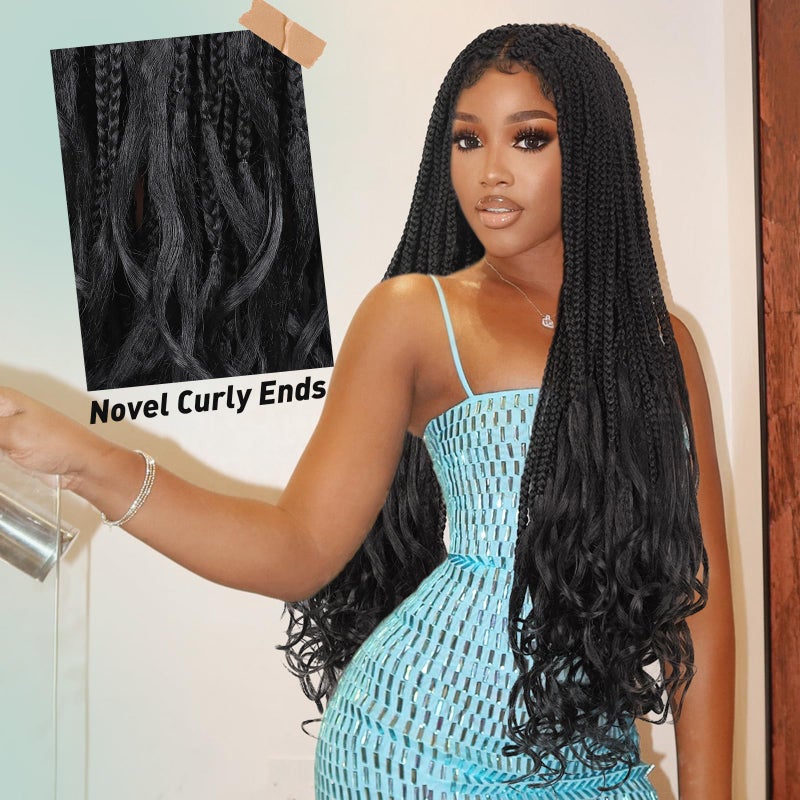 FAVE 30 Inch Braided Wig for Black Women Full Double Lace Braided Wig with Curly Ends Glueless Wig with Baby Hair for Daily Use Natural Black - Image 3